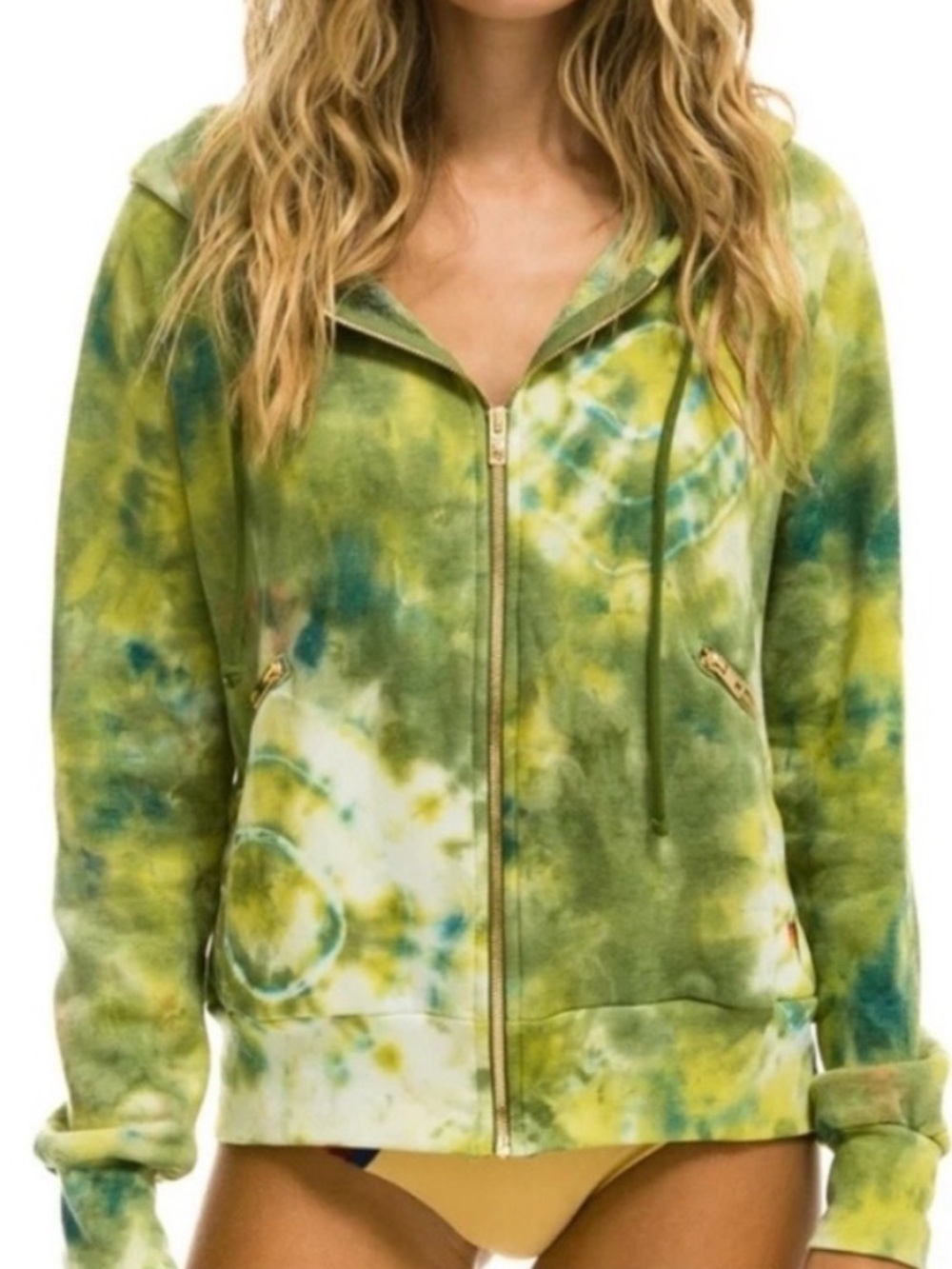 Aviator Nation Hand Dyed Full Zip Hoodie Tie Dye Green Yellow | Size Medium